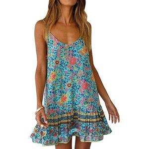 Boho Floral Printed Mini Dress with Pockets